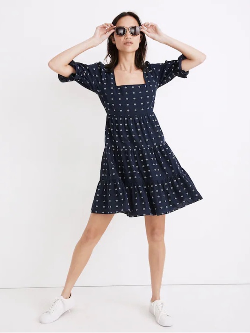 Madewell Tiered Babydoll Dress Square Neck Puff Sleeve Textured Mini Navy Size 8